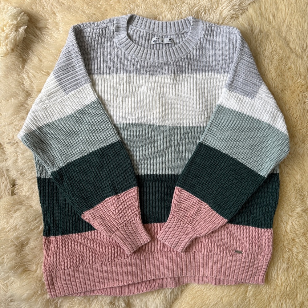 Hollister Striped Crewneck Sweater in Pink, Sage, Dark Green, White & Light Gray